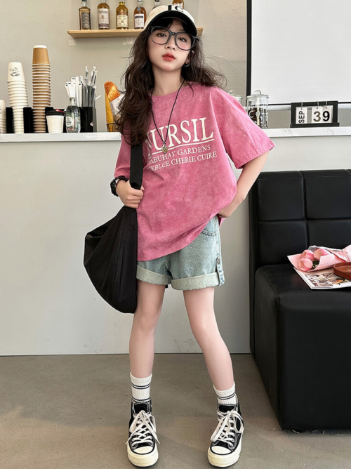 Nursil兩色T及貼鑽翻折牛仔褲
